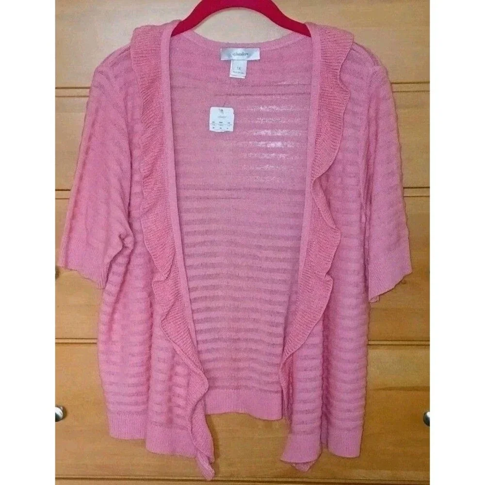 NWT CJ Banks Womens 1X Open Front Cardigan Lightweight Minimalist Ruffles pink